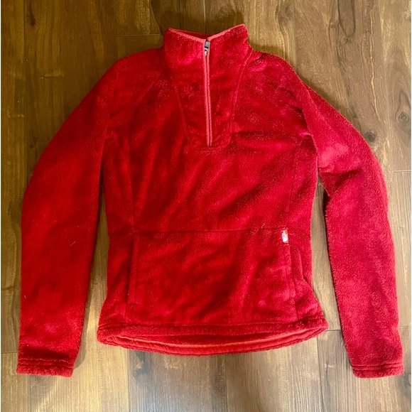 The North Face Womens XS Red Quarter Zip Fuzzy Fleece Pullover Sweater - Picture 1 of 7